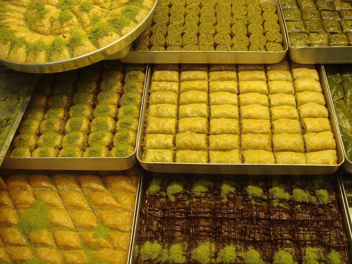 Trays of pistachio and walnut baklava in an Istanbul pastry shop window