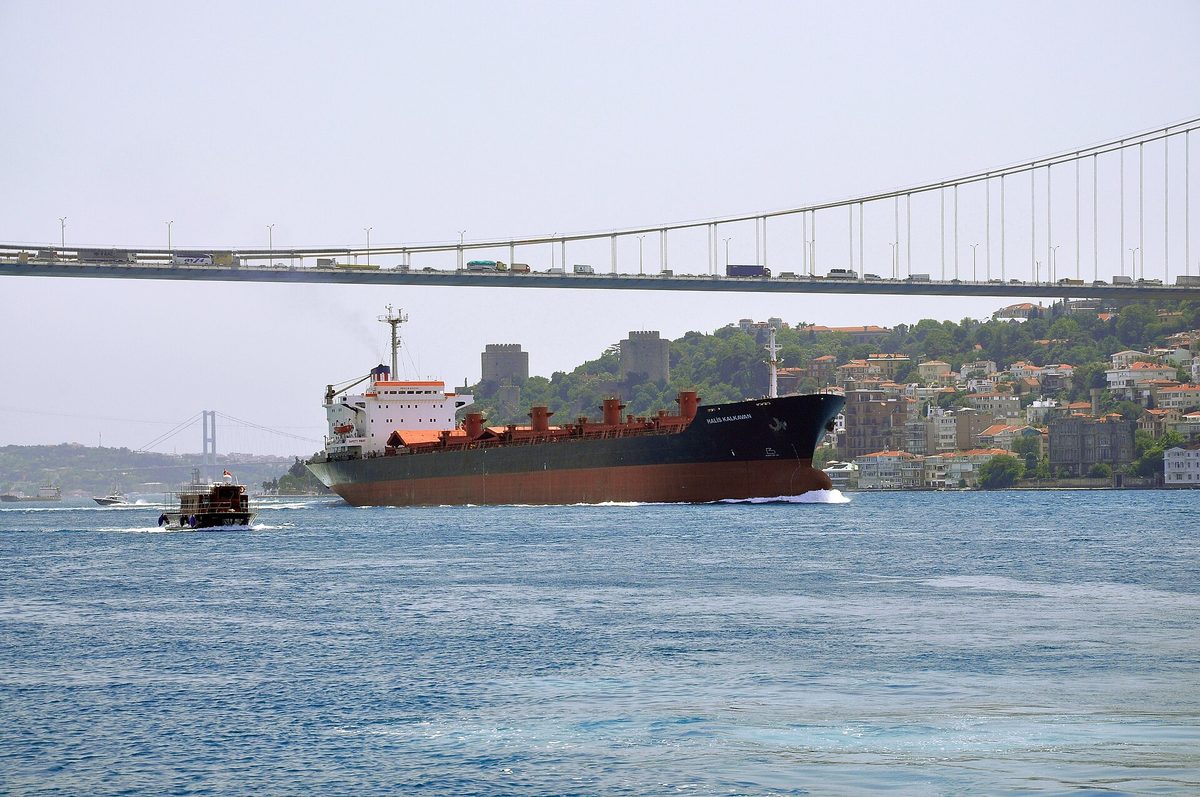 A cargo ship passing under the Fatih Sultan Mehmet Bridge on the Bosphorus in Istanbul