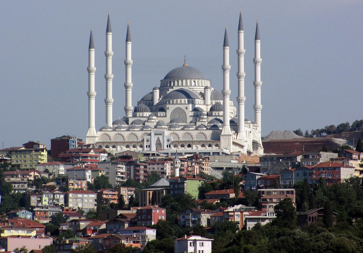 Camlica Mosque with its six minarets on the hill above the houses of Uskudar