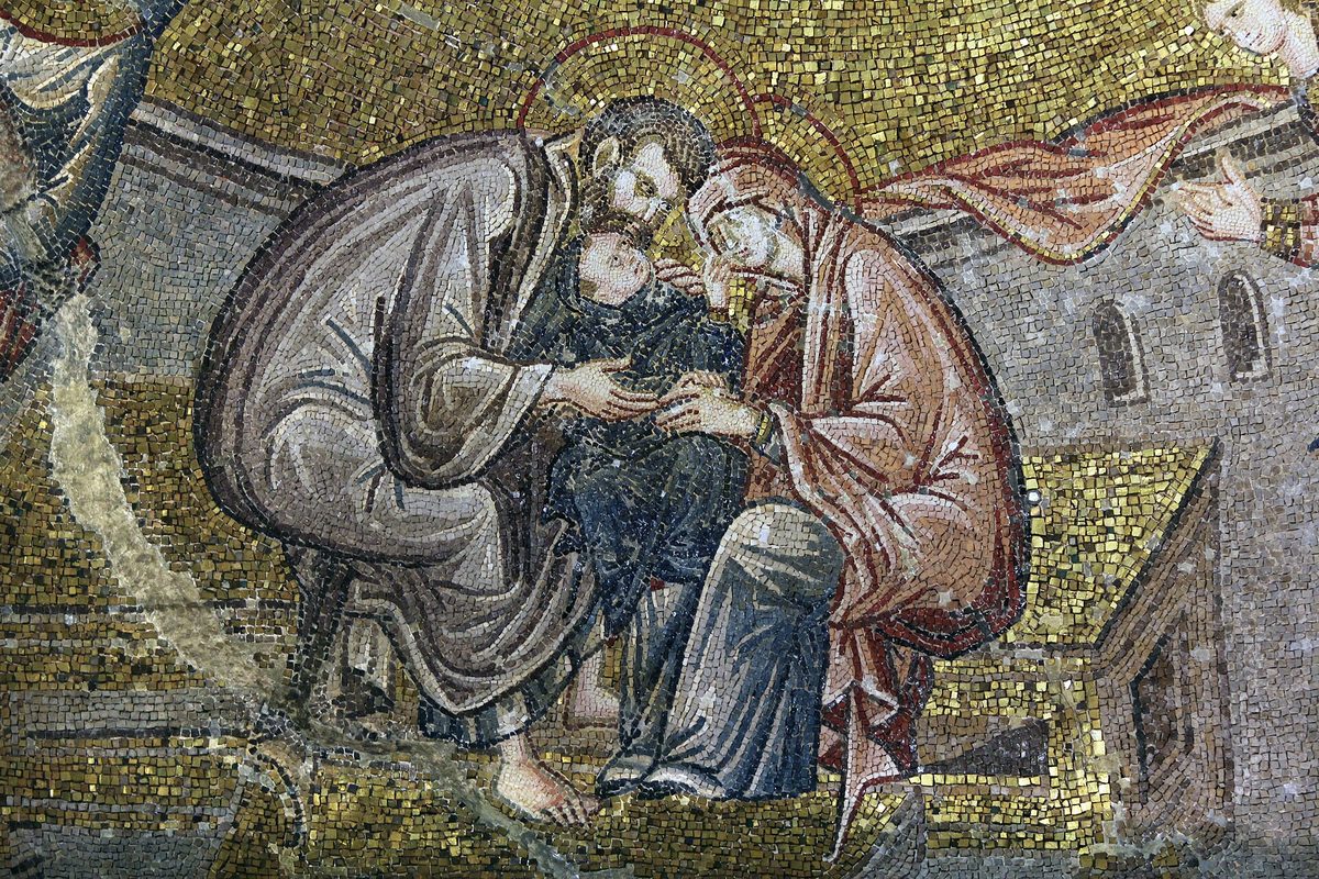 A Byzantine mosaic in Chora showing the infant Virgin caressed by her parents Joachim and Anna