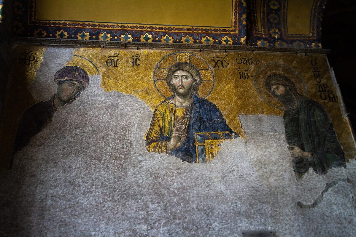 The Deesis mosaic in Hagia Sophia's upper gallery, showing Christ between the Virgin and John the Baptist