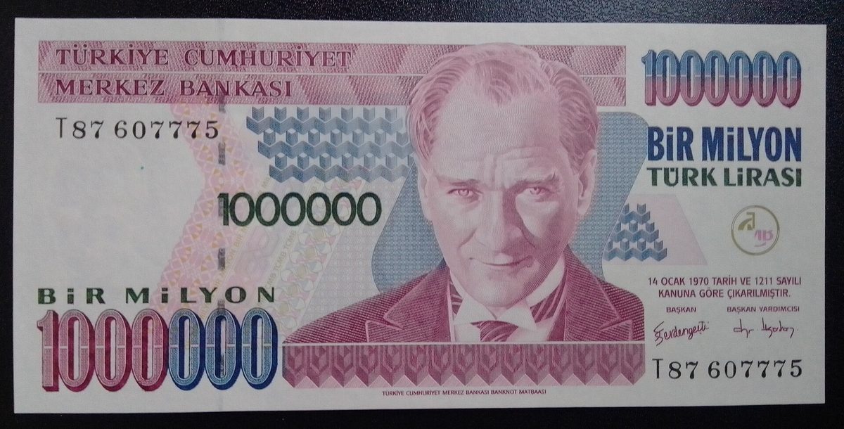 A pre-2005 one million Turkish lira banknote with Ataturk's portrait