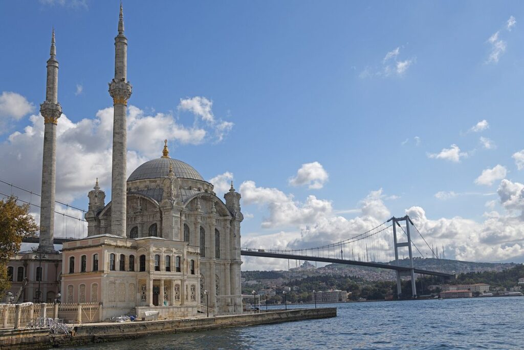 Where to stay in Istanbul: Ortakoy Mosque on the Bosphorus shore with the suspension bridge behind