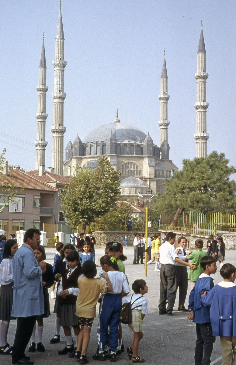 The Selimiye Mosque in Edirne with its four slender minarets seen across the town