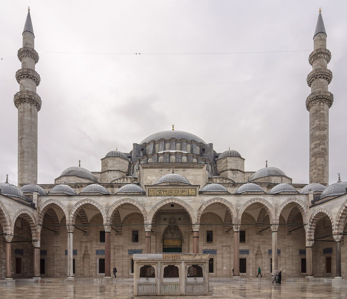 The domes and minarets of Suleymaniye Mosque in Istanbul seen from its courtyard