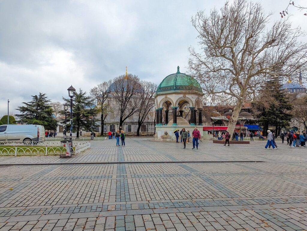 Sultanahmet Square in Istanbul with the domed German Fountain and the trees of the old Hippodrome