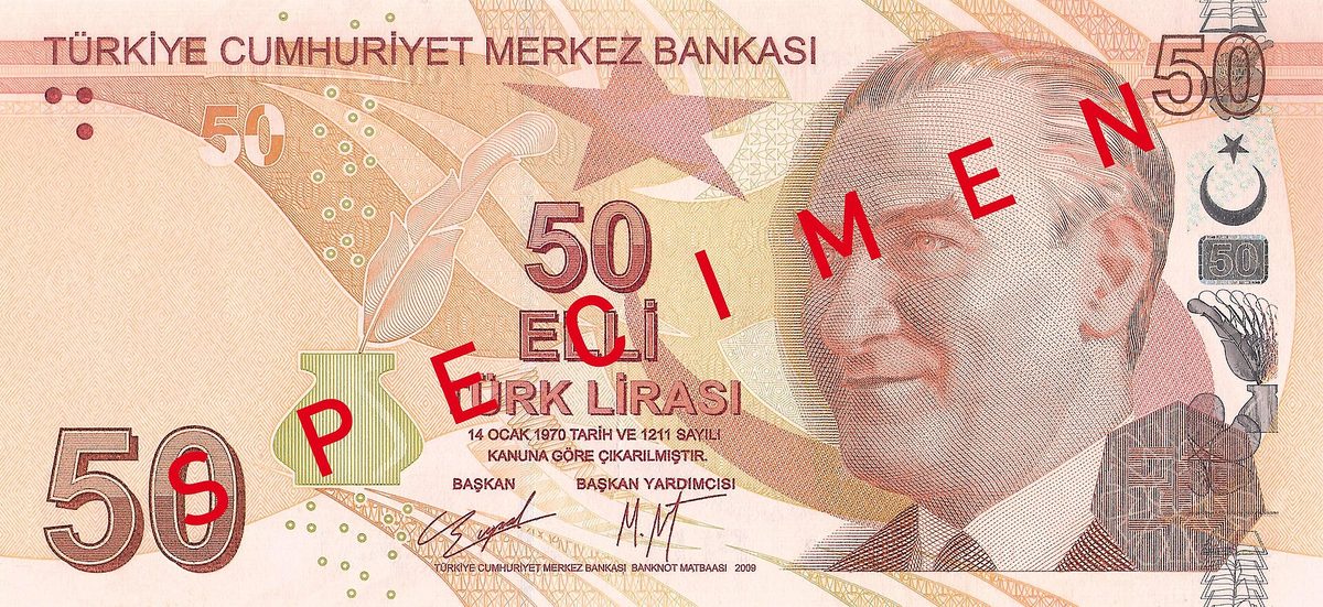 A 50 Turkish lira banknote with a portrait of Ataturk