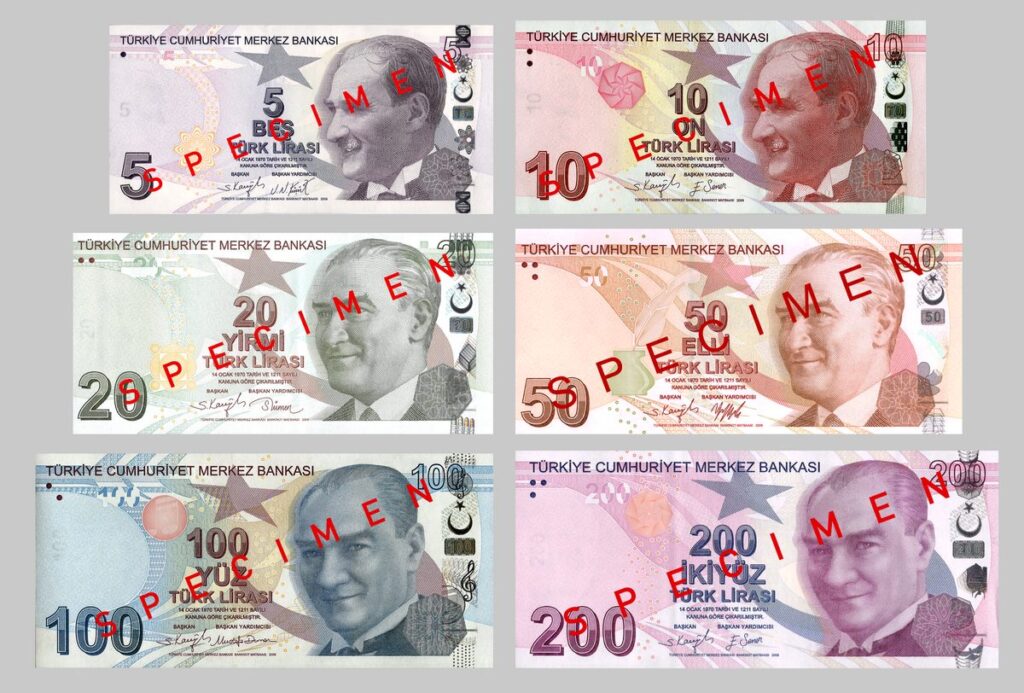 A specimen sheet of modern Turkish lira banknotes, relevant to working out whether Istanbul is expensive