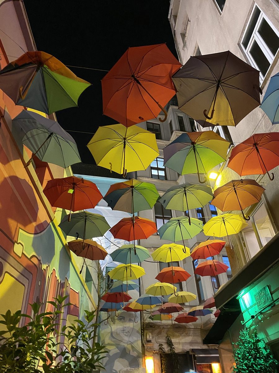 Colourful umbrella street lights over a pedestrian lane near Taksim, part of the Istanbul nightlife circuit in Beyoglu
