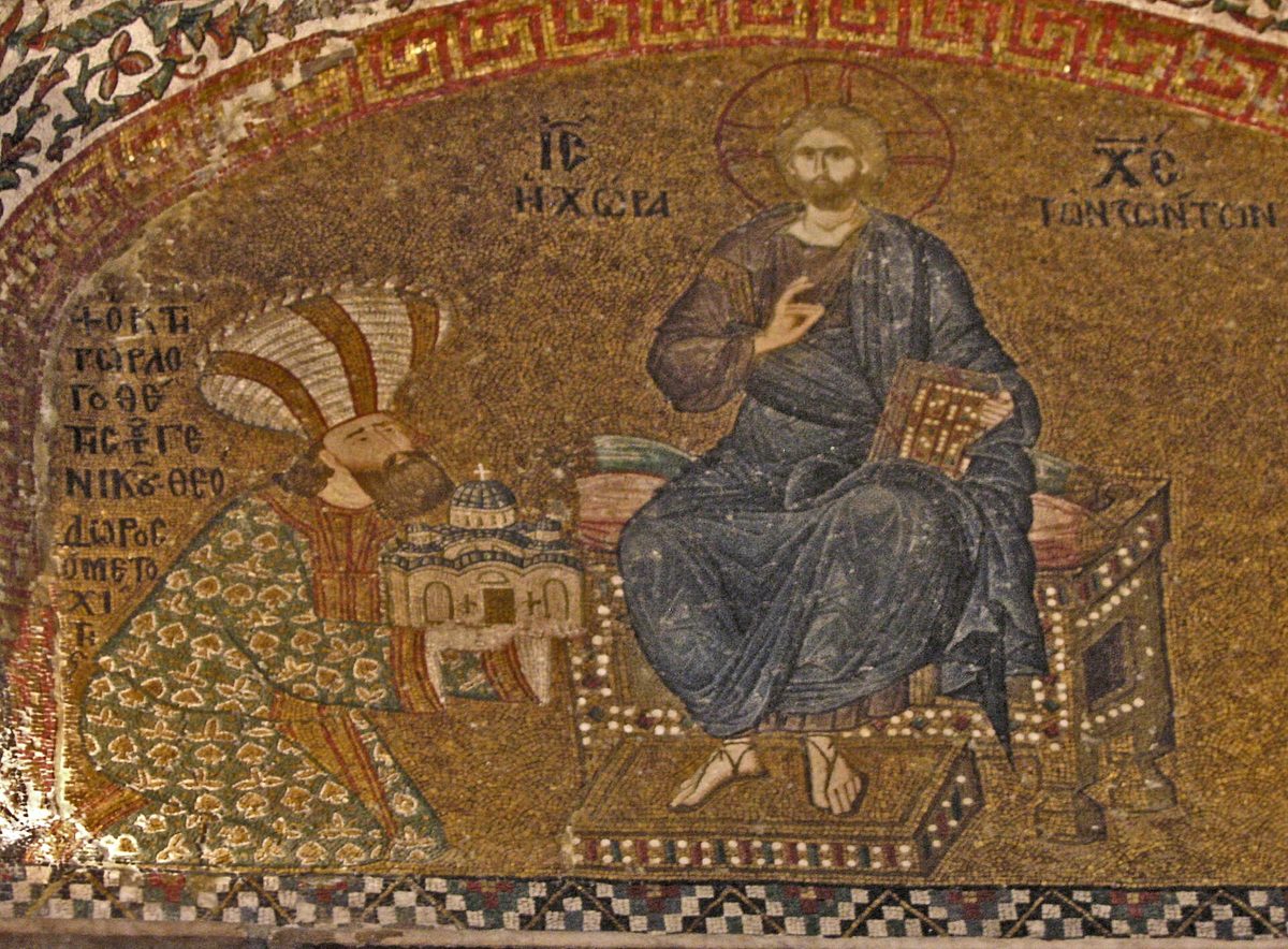 Mosaic in the Chora showing Theodore Metochites in a large hat offering a model of the church to the enthroned Christ
