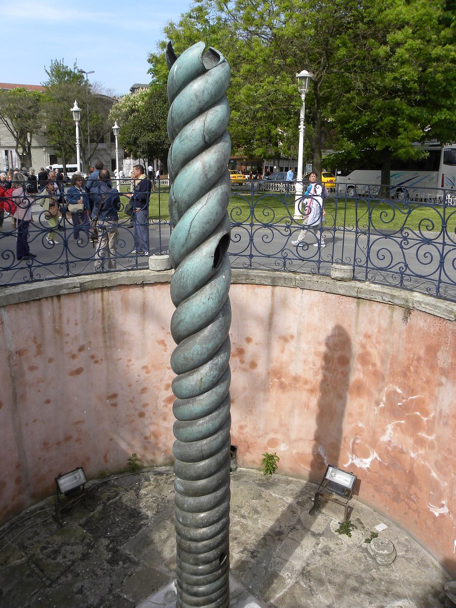 The bronze Serpent Column in its sunken enclosure in the Hippodrome, a piece of Istanbul history older than the city itself
