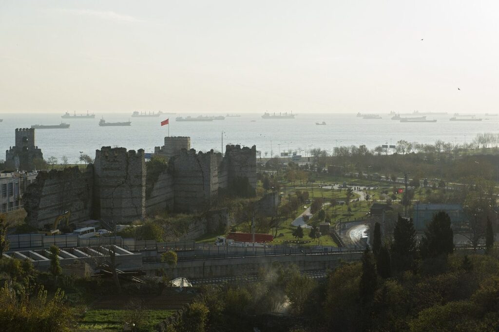 The Theodosian land walls at Yedikule running down towards the Sea of Marmara