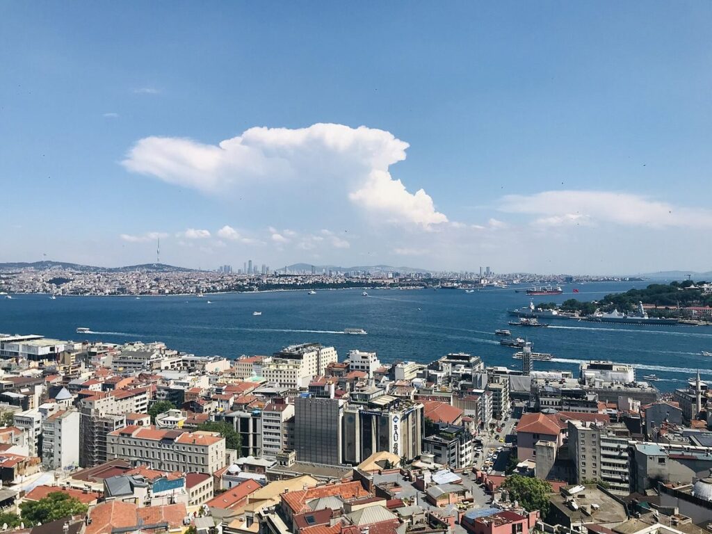 View from Galata Tower over the rooftops of Karakoy to the Golden Horn and the Bosphorus